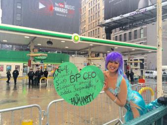 Marni Halasa, making the world unsafe for a BP station on the fifth anniversary of the Deepwater Horizon disaster.